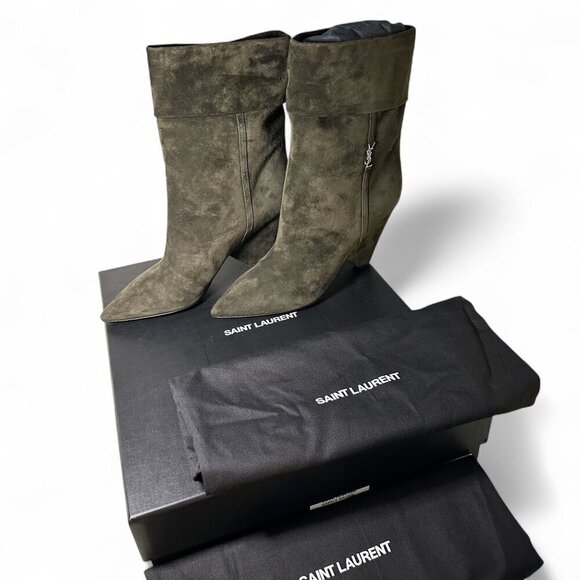 Saint Laurent Women's Liz 85 Luxor Suede Booties Sabble Brown EU 37.5 NIB - Picture 2 of 16